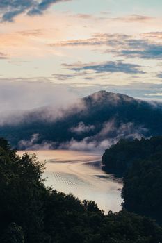 Beautiful misty mountain lake in North Carolina captured in serene nature scenery at sunrise.. pexels, beautiful, misty