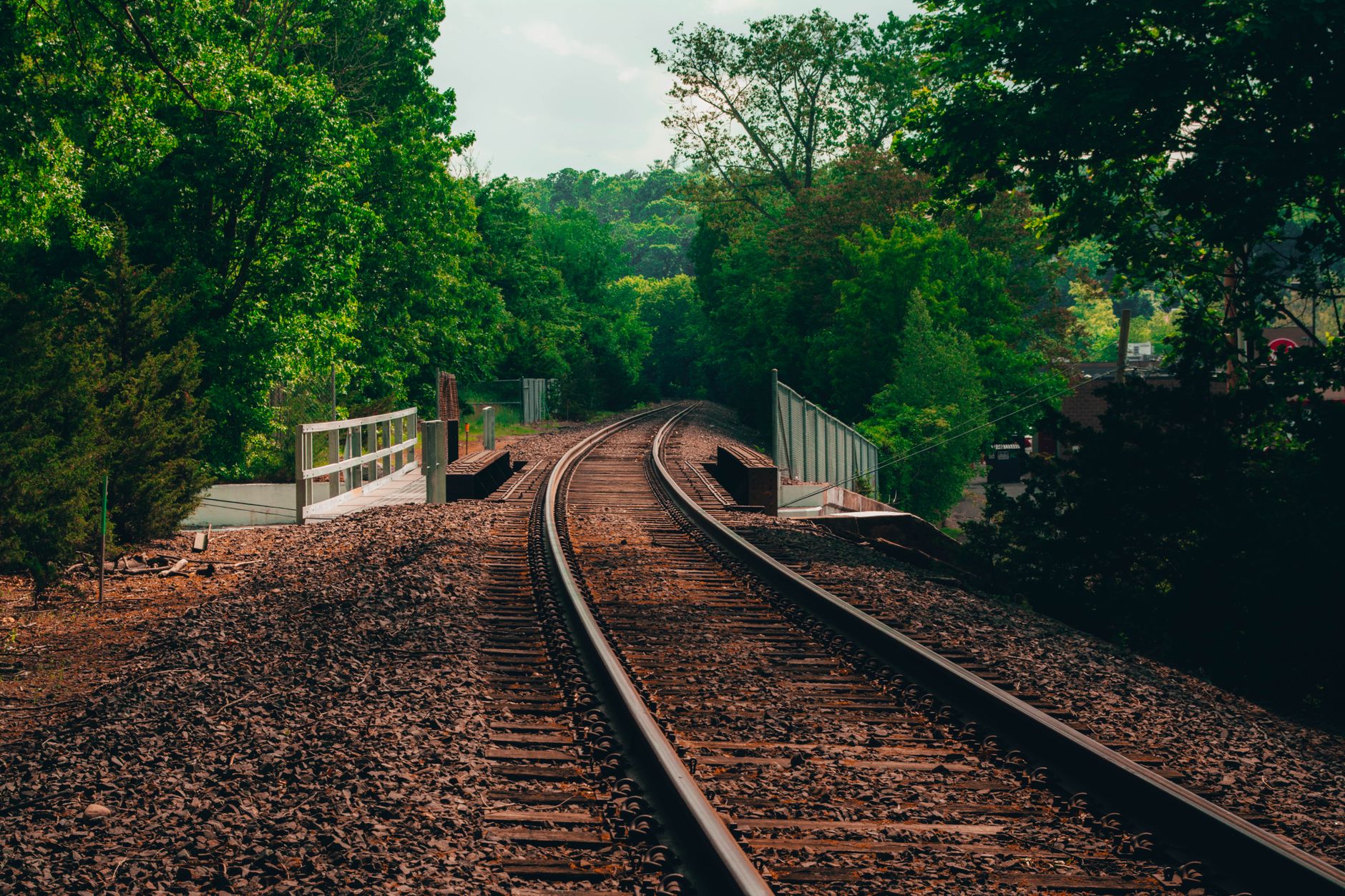 Scenic railway track surrounded by lush greenery in Connecticut.