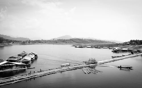 Black and White Landscape With Lake and Bridge