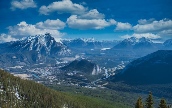 Breathtaking view of Banff’s snow-covered mountains and lush valleys under a vibrant blue sky.