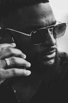 Black and white of crop young brutal African American male in sunglasses and ring conversing on cellphone while looking away