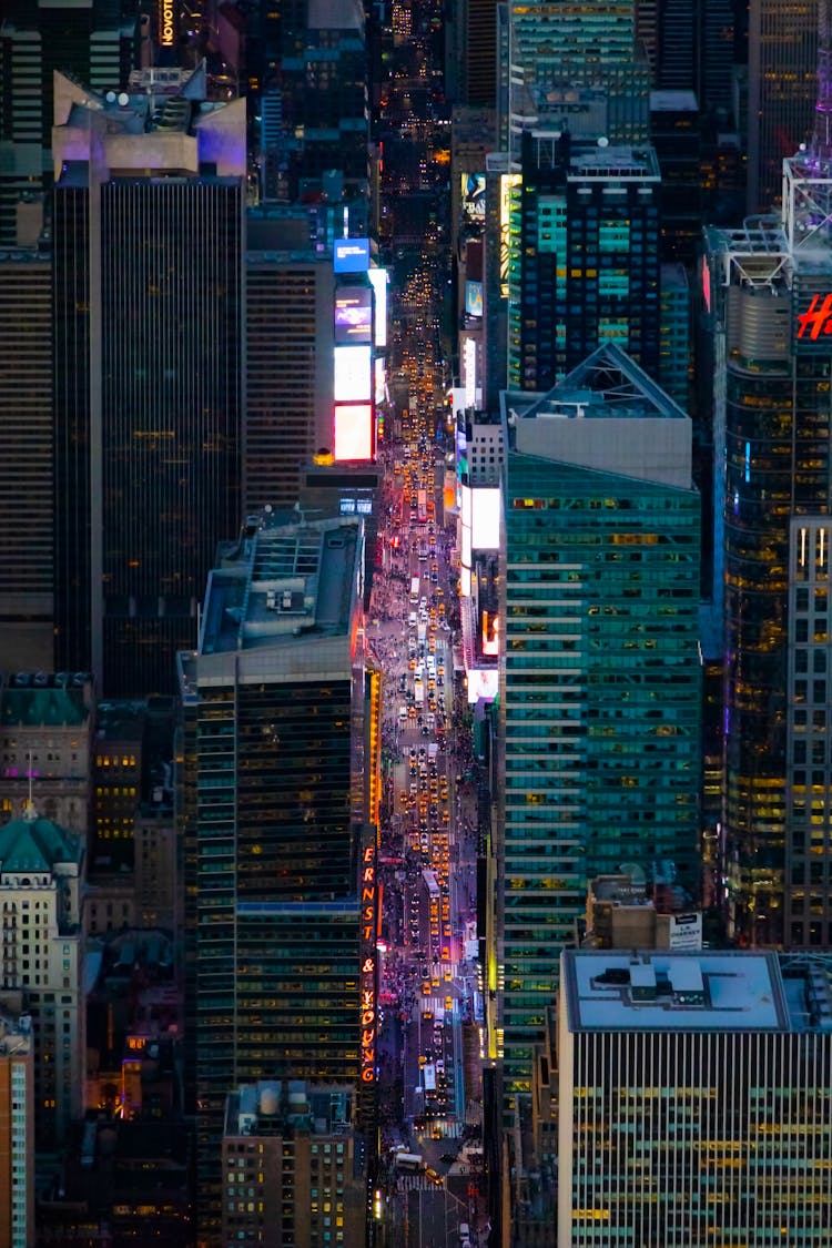 Drone Shot Of A City At Night