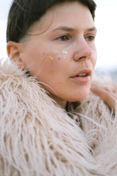 Close-up portrait of a woman wearing glitter on her face and a fur coat, showcasing a bohemian style.
