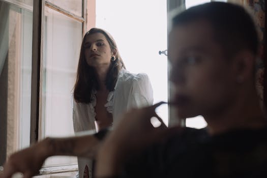 Moody portrait of two androgynous individuals indoors by a window.