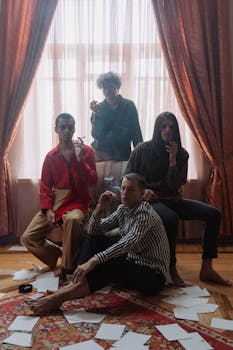 Four men posing and smoking indoors with an artistic and moody atmosphere in front of a window.