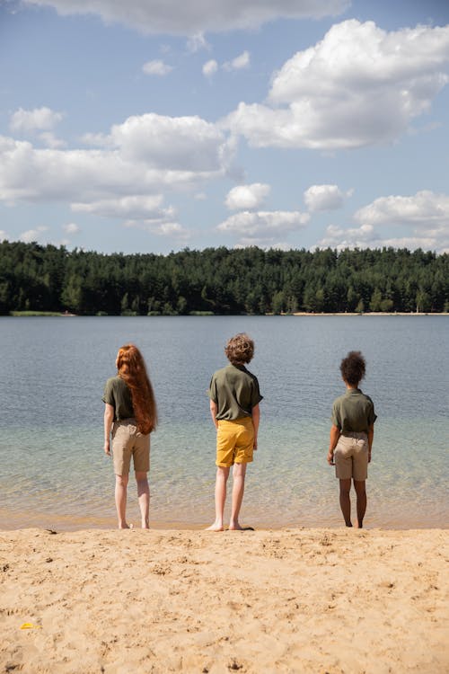 Free Back View of Children Standing In Front of a Beach  Stock Photo