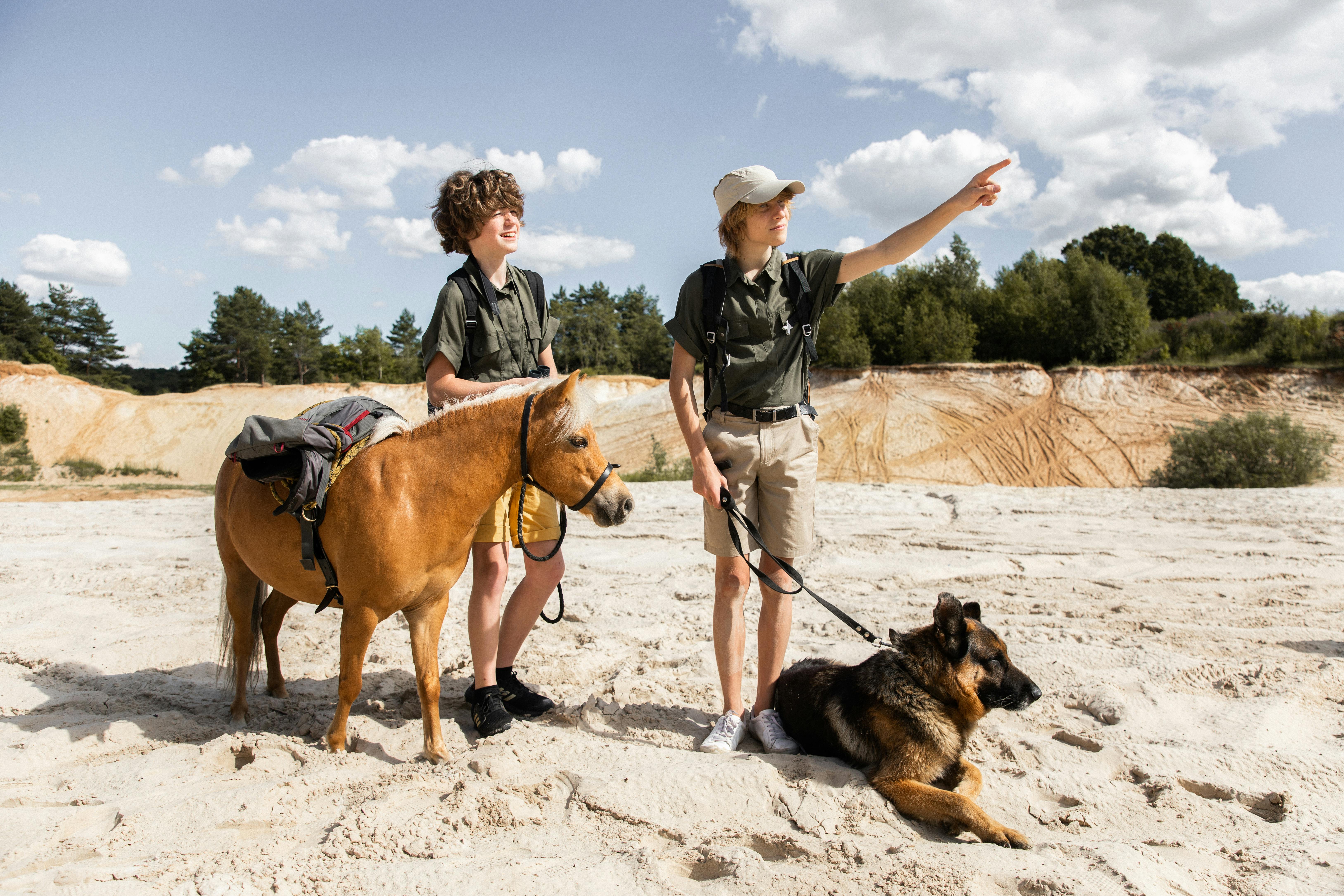 scouts with a mule and a dog pointing a direction