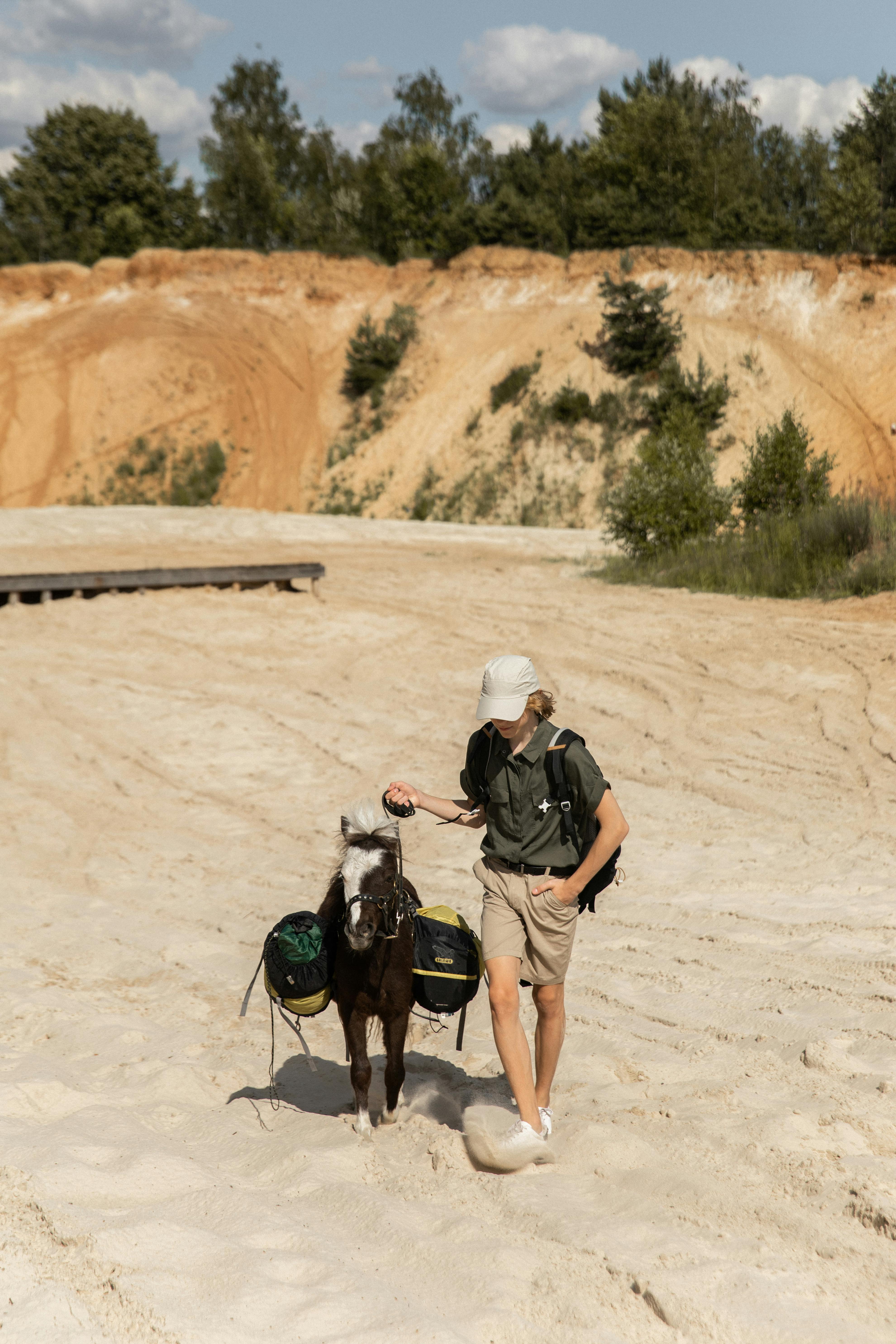 man walking on a beach with a pony that carries luggage