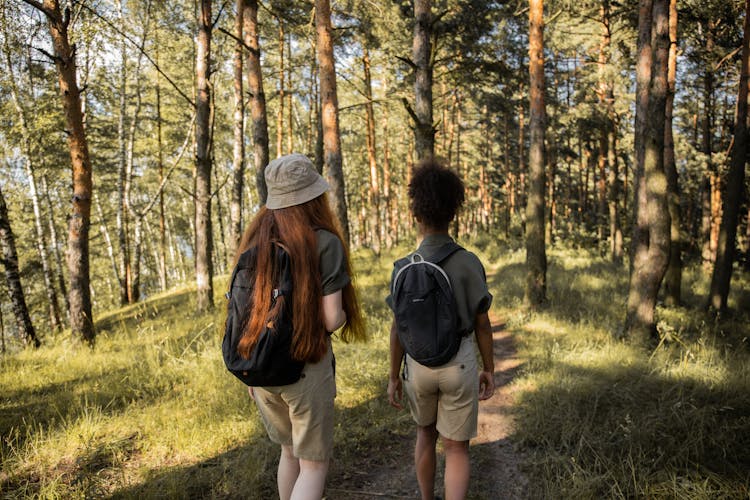 Girls With Backpacks Walking In Forest