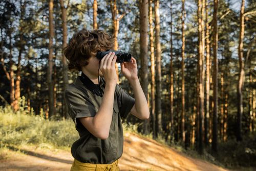 Free Teenage boy exploring a dense forest with binoculars during a sunny day. Adventure awaits! Stock Photo