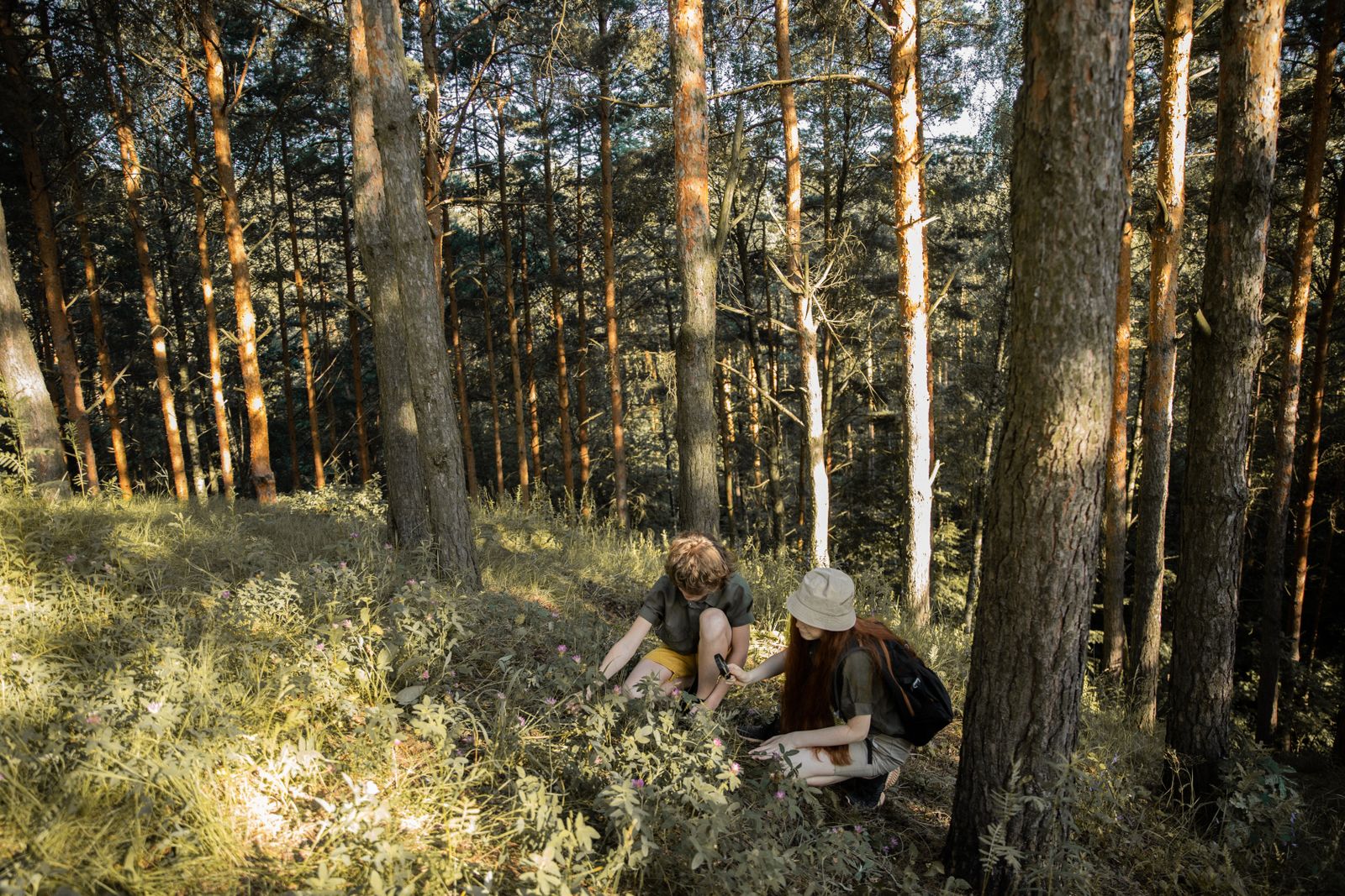 Two children closely examining plants during an independent forest exploration activity
