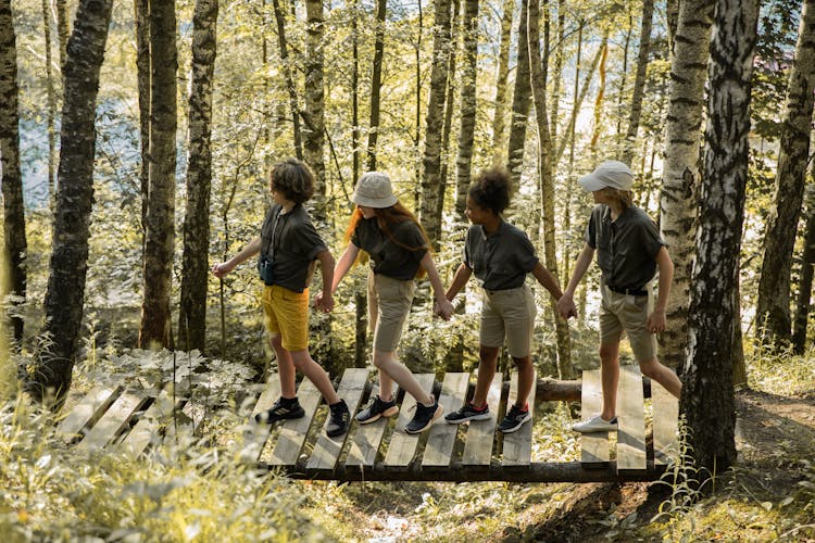 Teenagers Holding Hands While Walking On Wooden Bridge In Forest