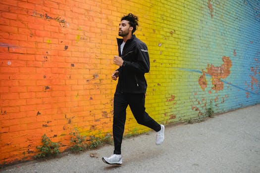A young man jogging by a colorful graffiti wall, showcasing urban fitness and style.