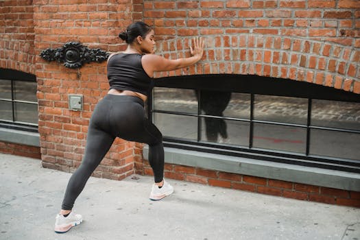 Woman in sportswear stretching against urban brick wall for fitness.