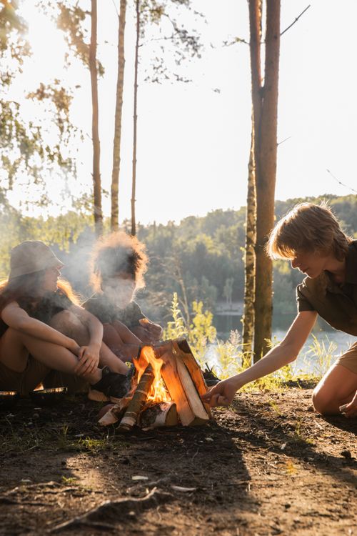 Free Children gathered around a campfire in a sunlit forest setting, enjoying nature. Stock Photo