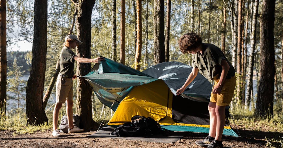 Two teenagers setting up a tent in a sunlit forest near a lake, enjoying outdoor camping.