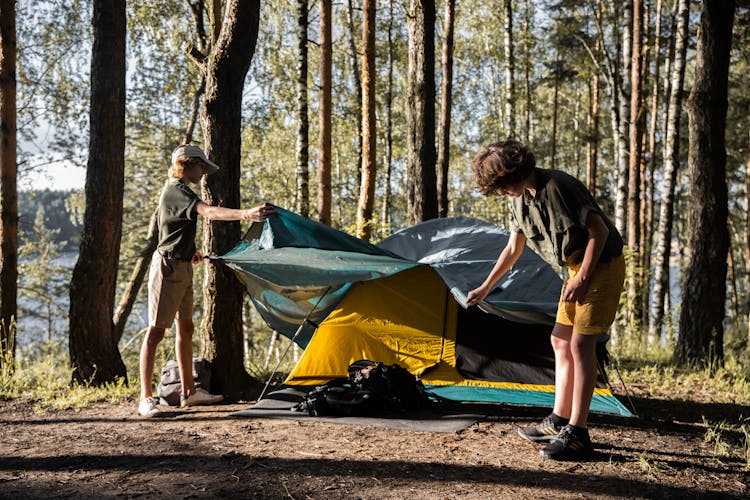 Boys Camping In Woodland