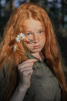 一个红发女孩抱着雏菊，在自然环境中，脸上有雀斑