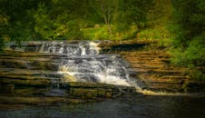 夏天，宁静的瀑布从郁郁葱葱的绿树丛中流过岩石