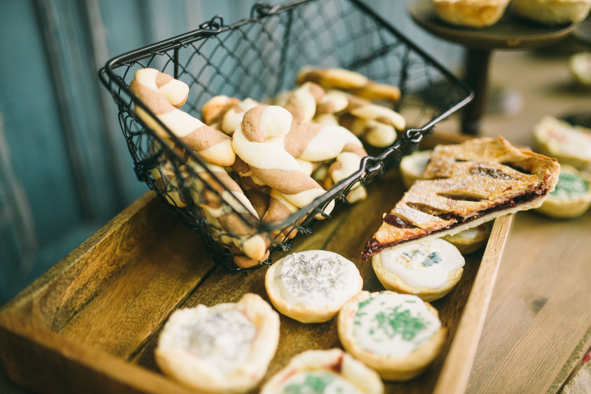 Rustic dessert display with tarts and cakes