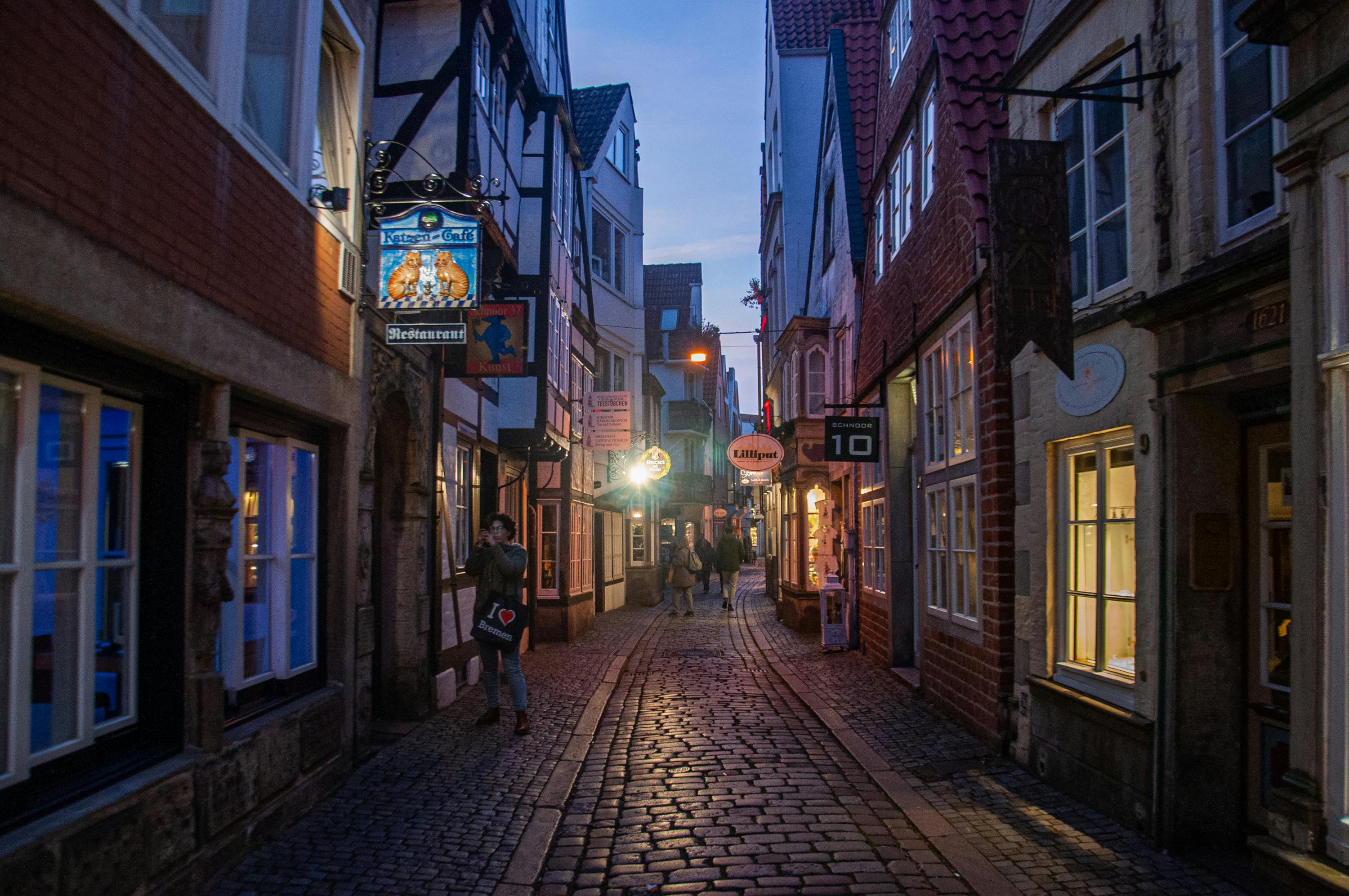 People Walking on Sidewalk Between Buildings during Night Time