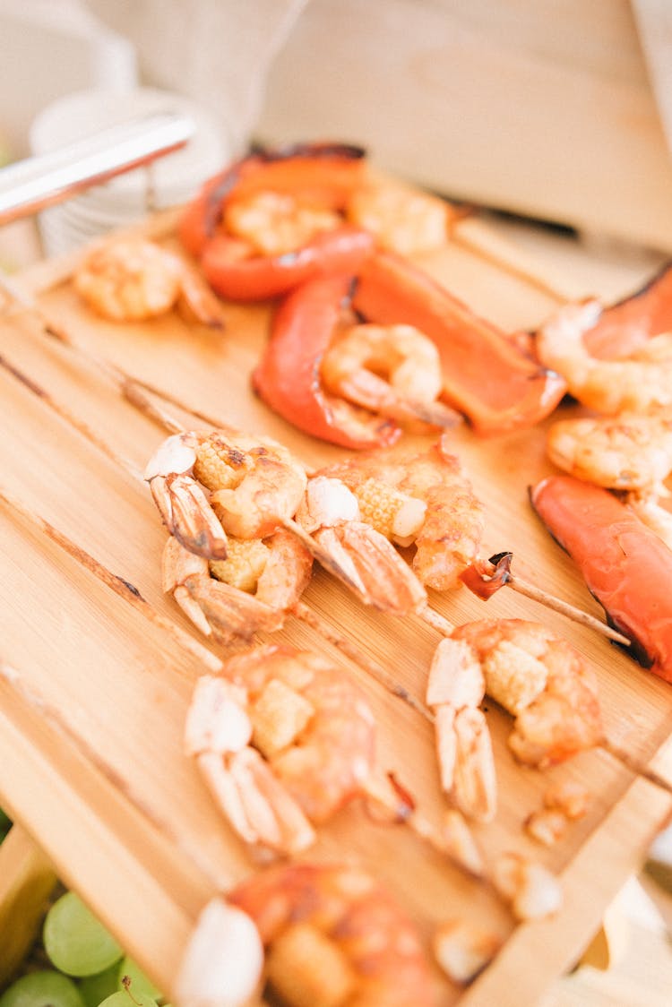 Cooked Shrimp On Wooden Platter 