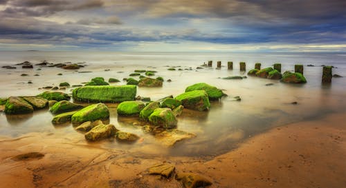 Moss Covered Rocks in Sea under Dramatic Sky 