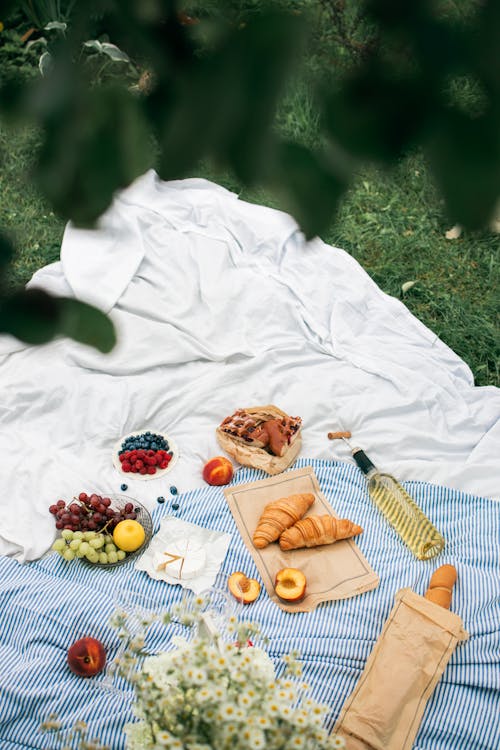 
Assorted Fruits and Breads on Picnic Blanket