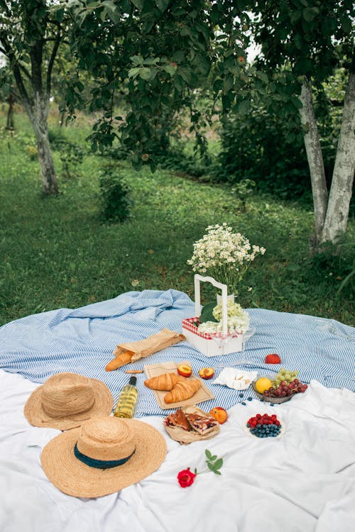 Free Bread on Blue Table Cloth Stock Photo