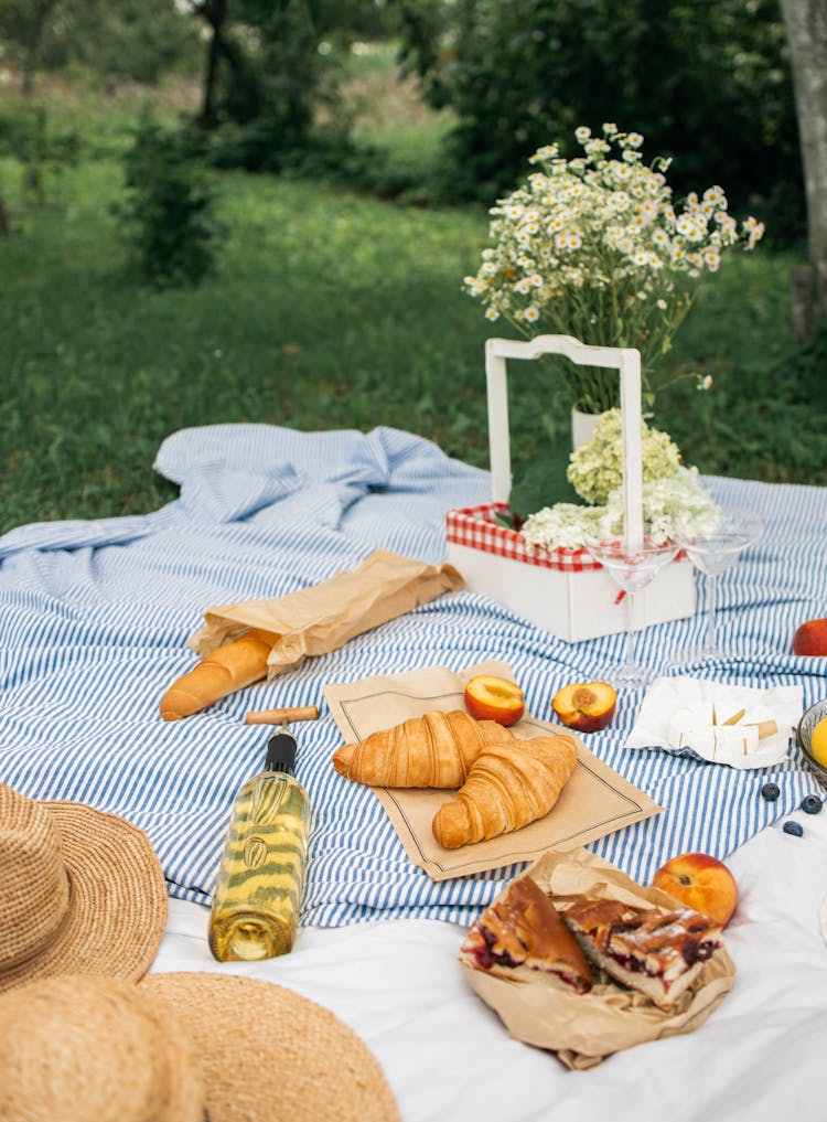 Bread And White Wine On A Picnic Blanket