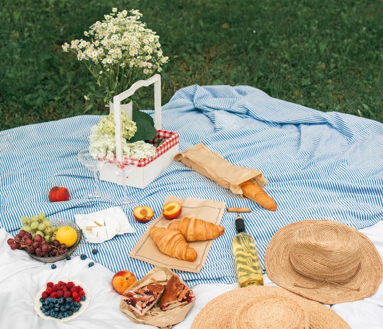 Food And White Wine On A Picnic Blanket