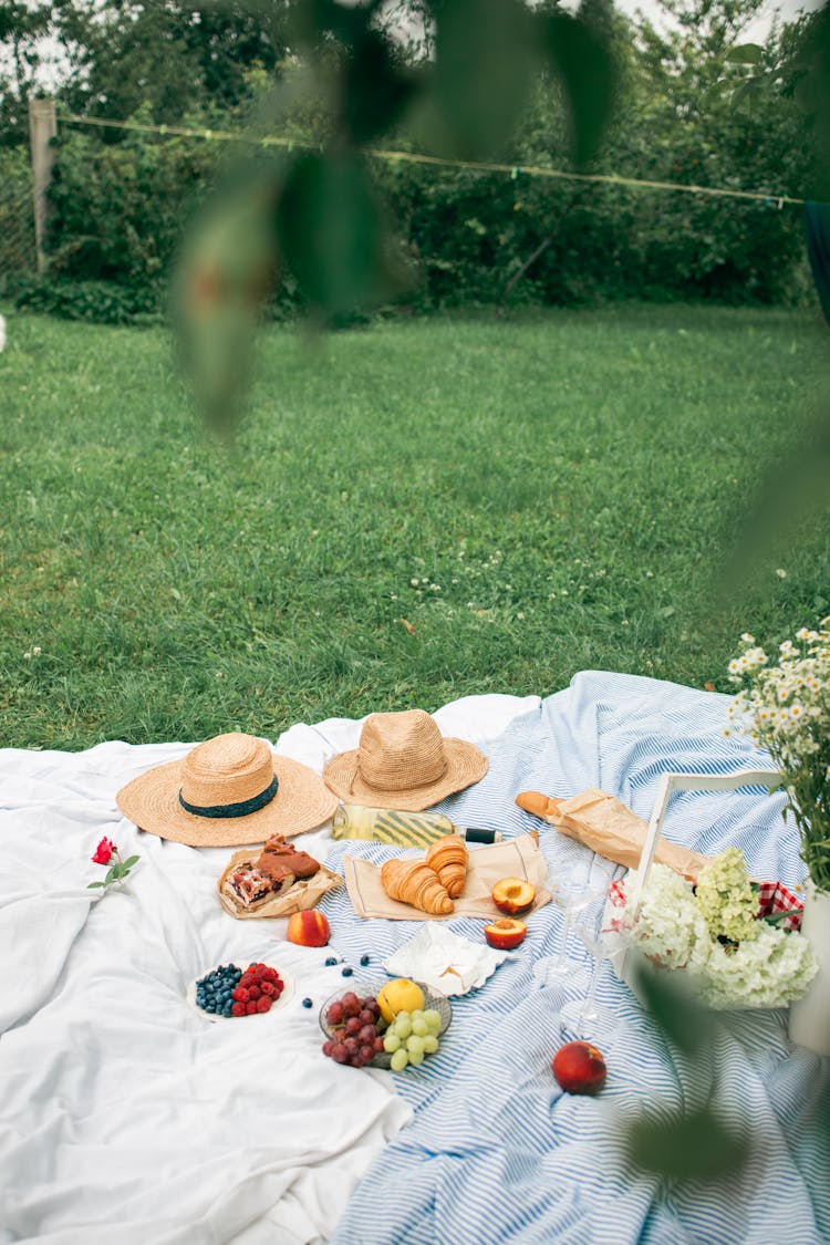 Food And Straw Hats On A Picnic Blanket