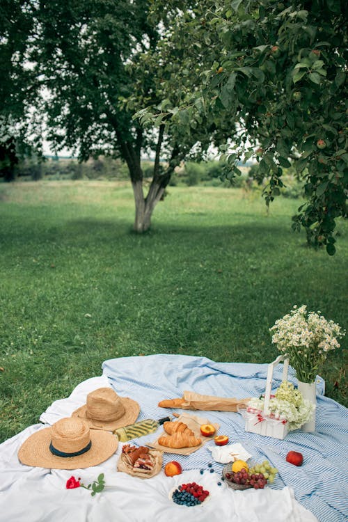 Food and Straw Hats on a Picnic Blanket in a Grass Field