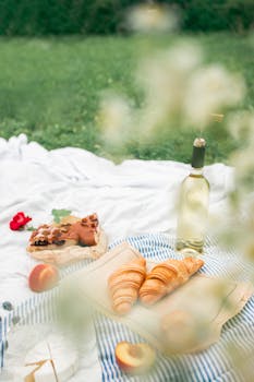 迷人的夏季野餐场景中，柔软的毯子上摆放着葡萄酒、羊角面包、馅饼和水果