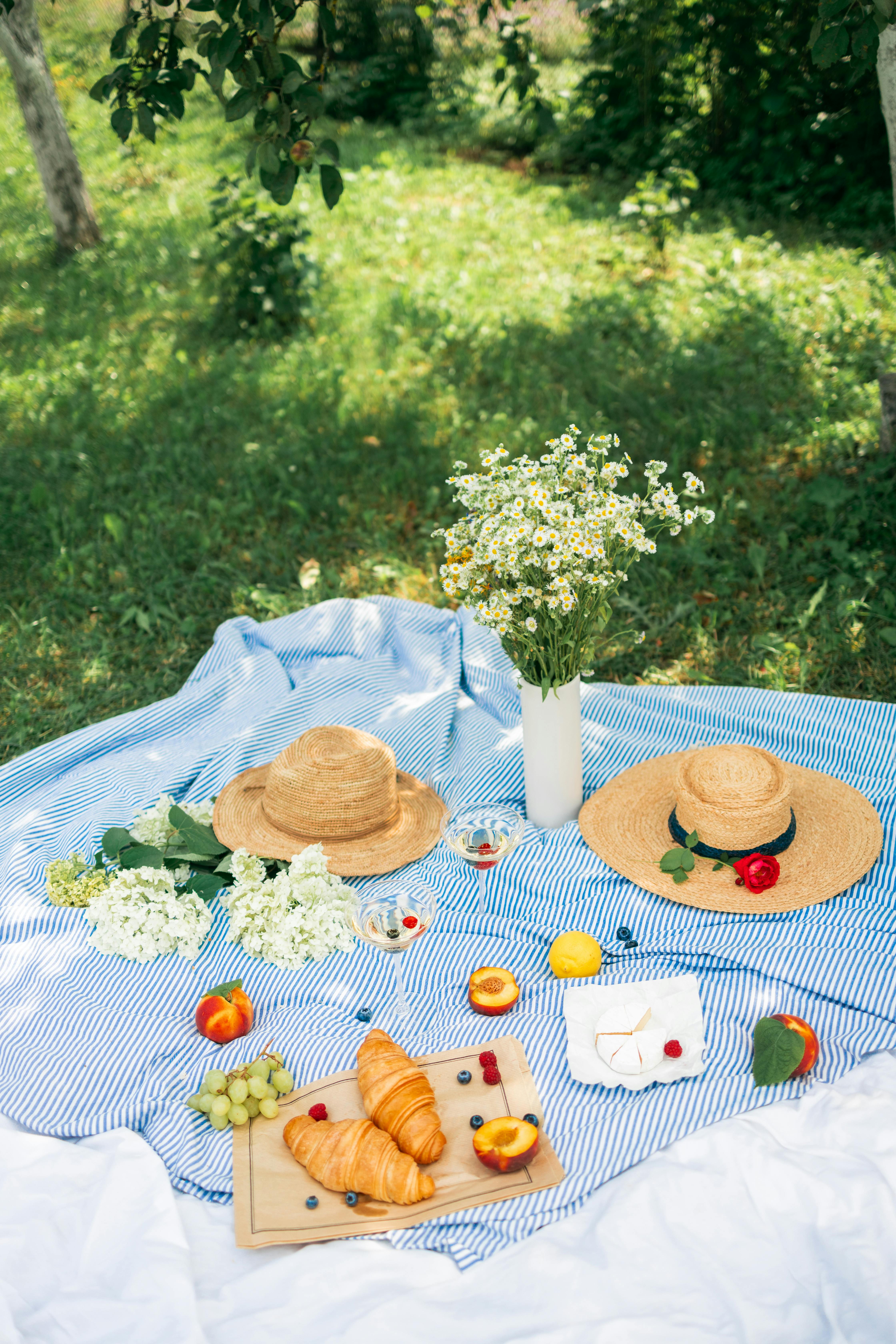 户外毯子上铺着羊角面包、水果和草帽，构成了一幅令人愉快的夏季野餐场景