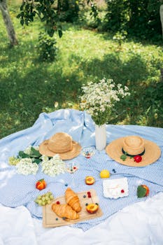 户外毯子上铺着羊角面包、水果和草帽，构成了一幅令人愉快的夏季野餐场景