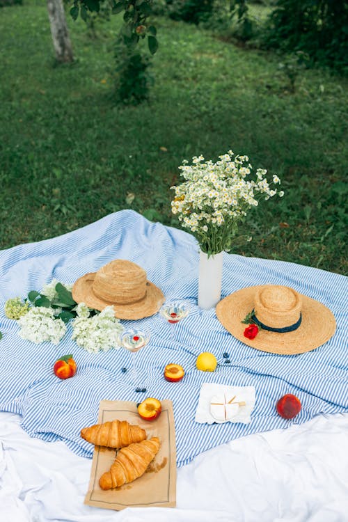 Brown Straw Hats Beside Flowers and Fruits on Picnic Blanket