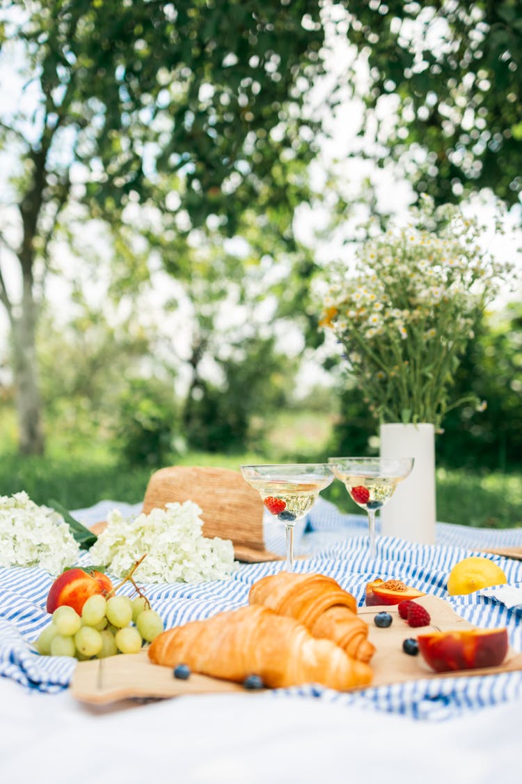 Food And Drinks On Picnic Blanket