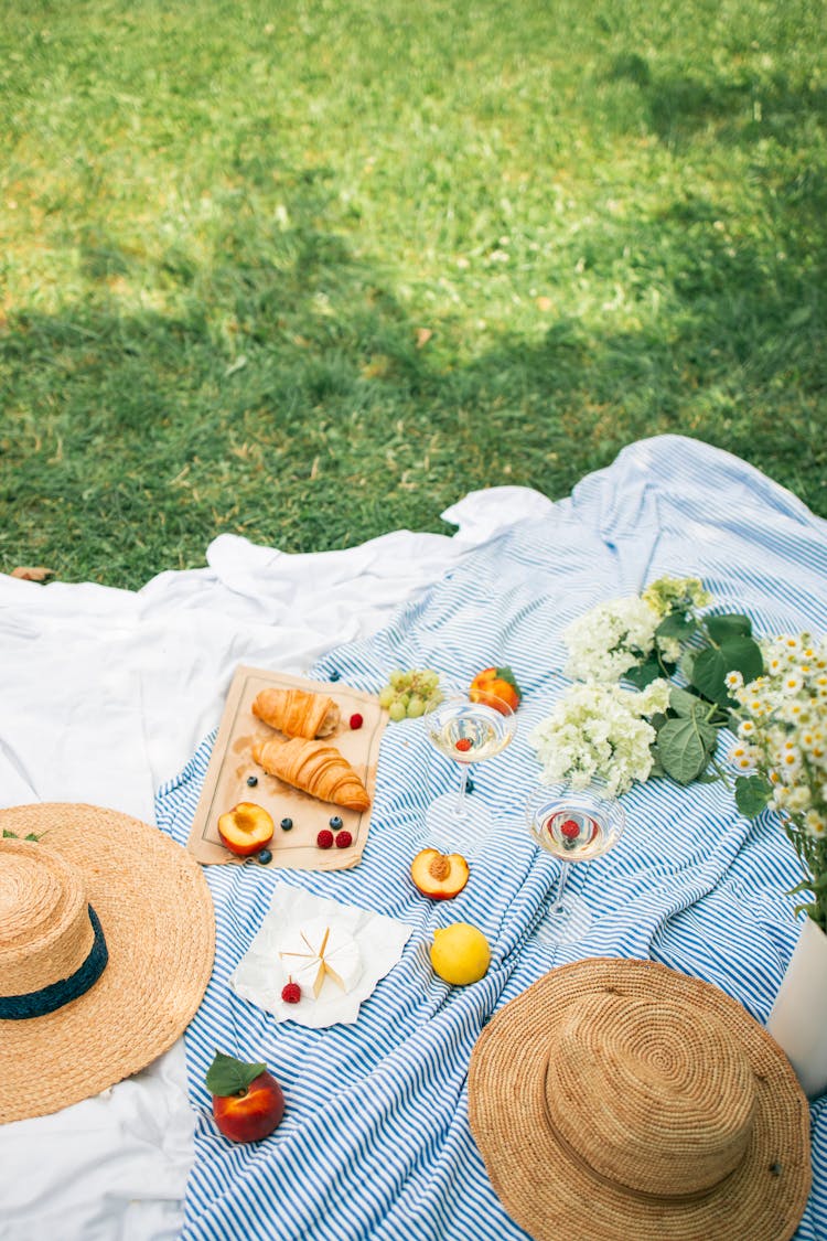 Food And Drinks On Picnic Blanket