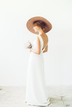 A stylish woman in a white dress with a straw hat poses elegantly indoors.