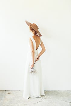 A stylish woman in a backless white dress and sun hat holds dried flowers, standing against a minimalist backdrop.