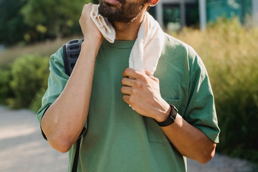 Man outdoors with a white towel and green shirt, capturing a casual moment after exercise.