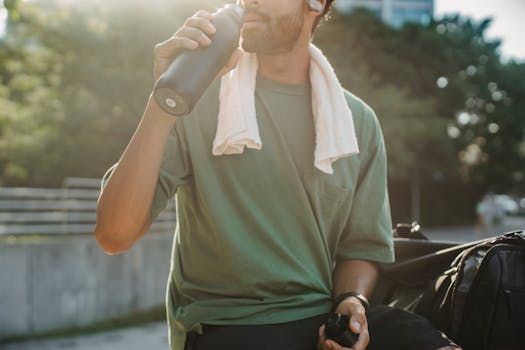 A man sitting outdoors in a park drinking water after exercise, with a towel on his shoulder.