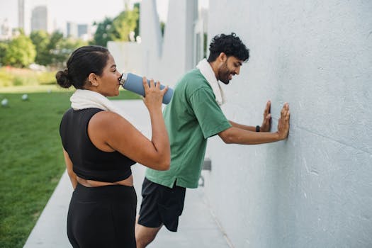 Two individuals in athletic attire staying hydrated and stretching against a wall in an urban park.