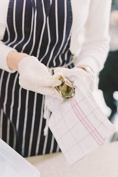 Close-up of a person shucking an oyster with gloves and a towel in a kitchen setting.