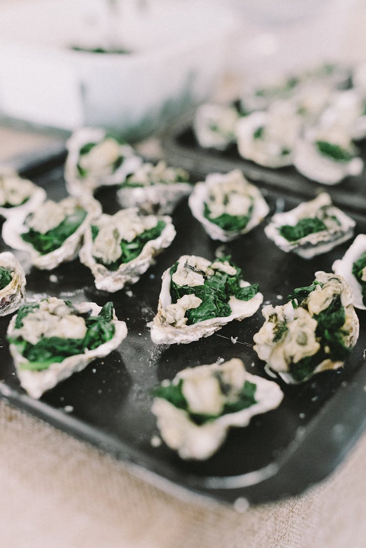 Close-up Of Filled Oysters On Trays