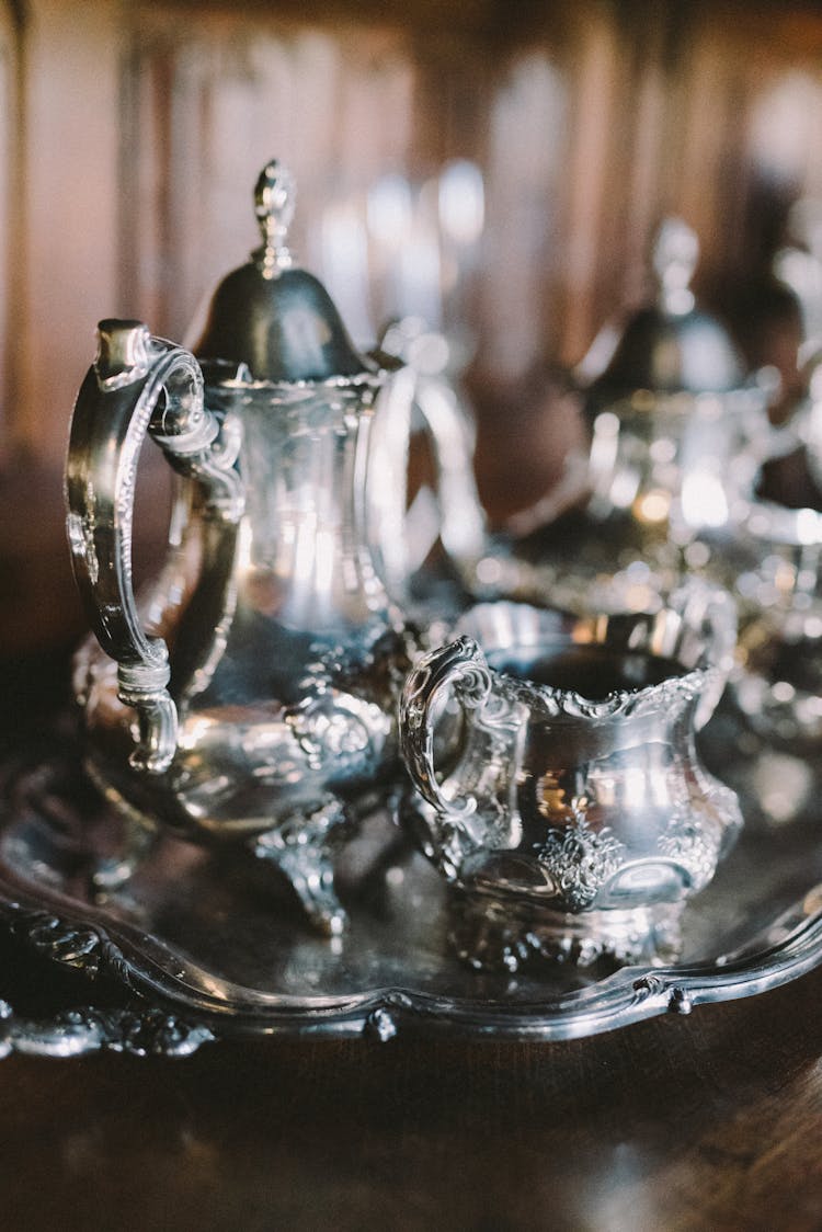 Close-up Of Silver Tableware On Tray