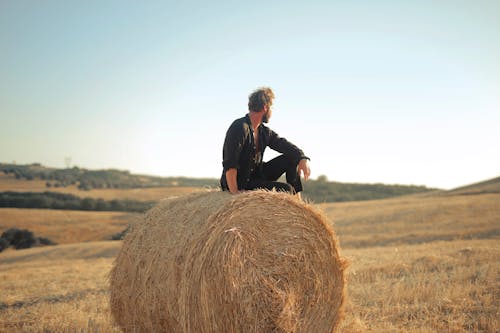 Man Sitting on a Hay Bale on a Field 