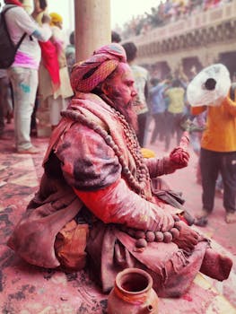 A vibrant Sadhu celebrates Holi, covered in colored powders, in Mathura's lively streets.