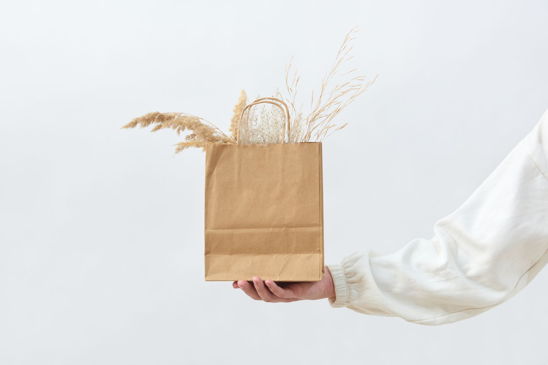 Neutral aesthetic with hand holding brown paper bag with pampas grass, isolated on white background.